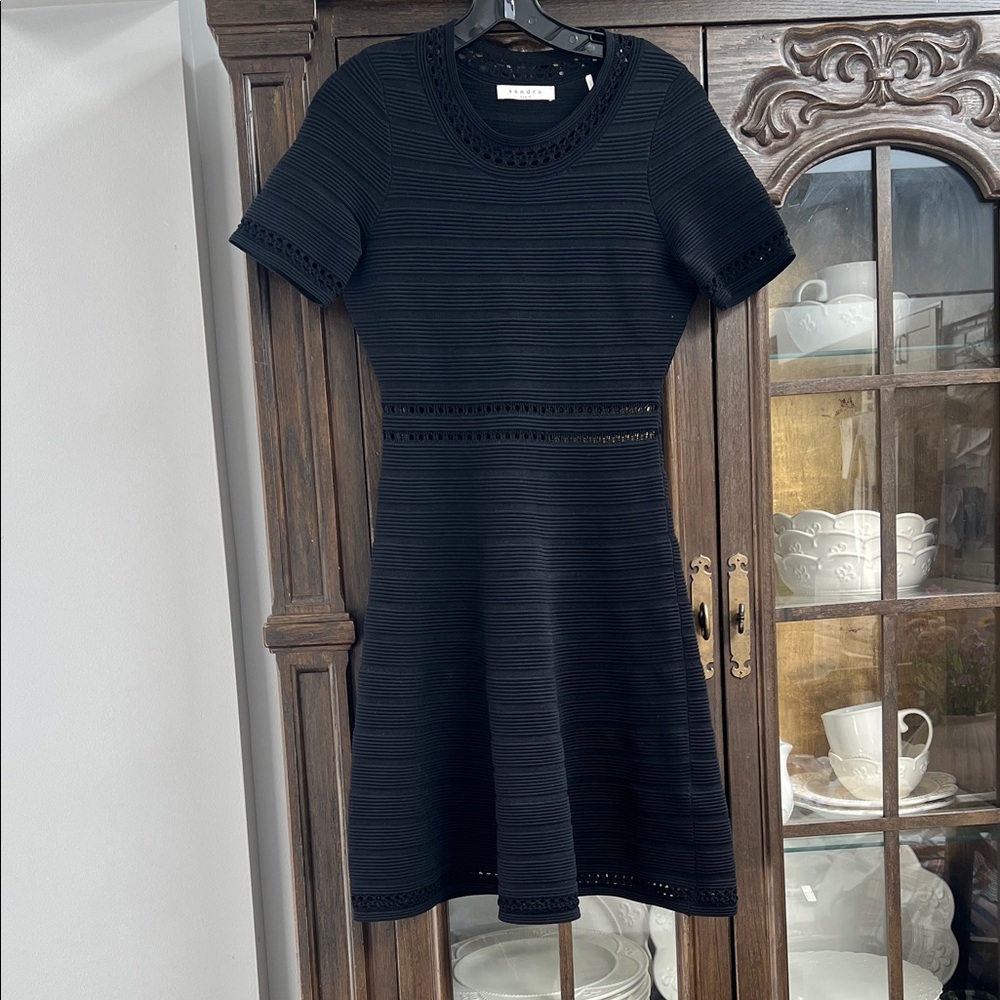 Sandro Black Short-Sleeve Knit Fit-and-Flare Dress